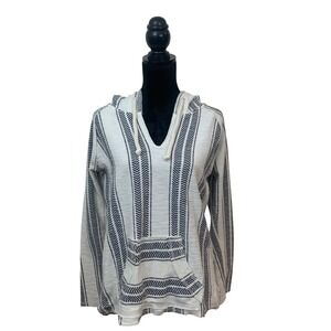 Ocean Drive Women's M Boho Hoodie Blue White Chevron Striped Pullover Coastal